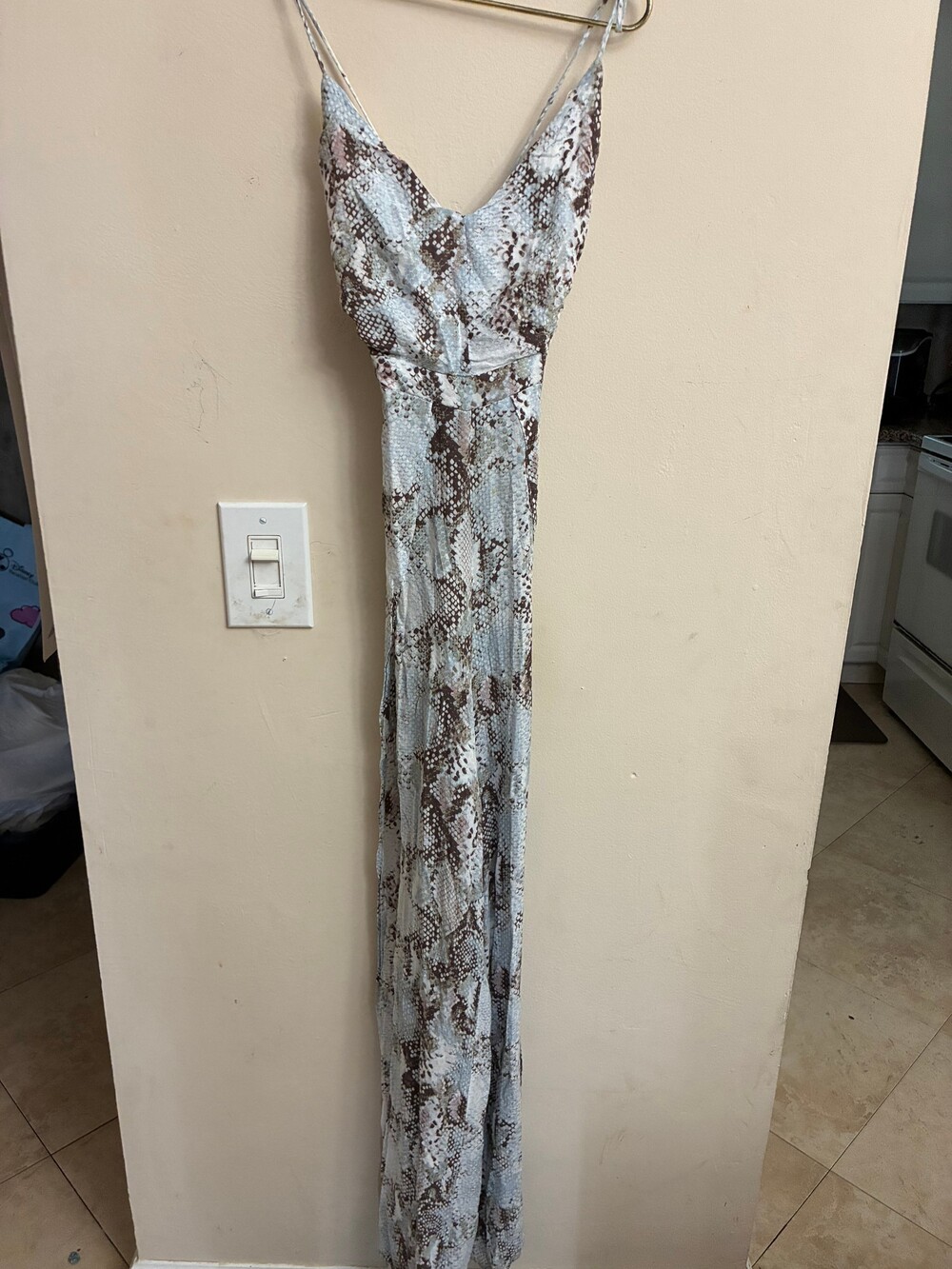 Olivaceous Snakeskin Halter Wide Leg Jumpsuit Size S Blue Open Back Boho